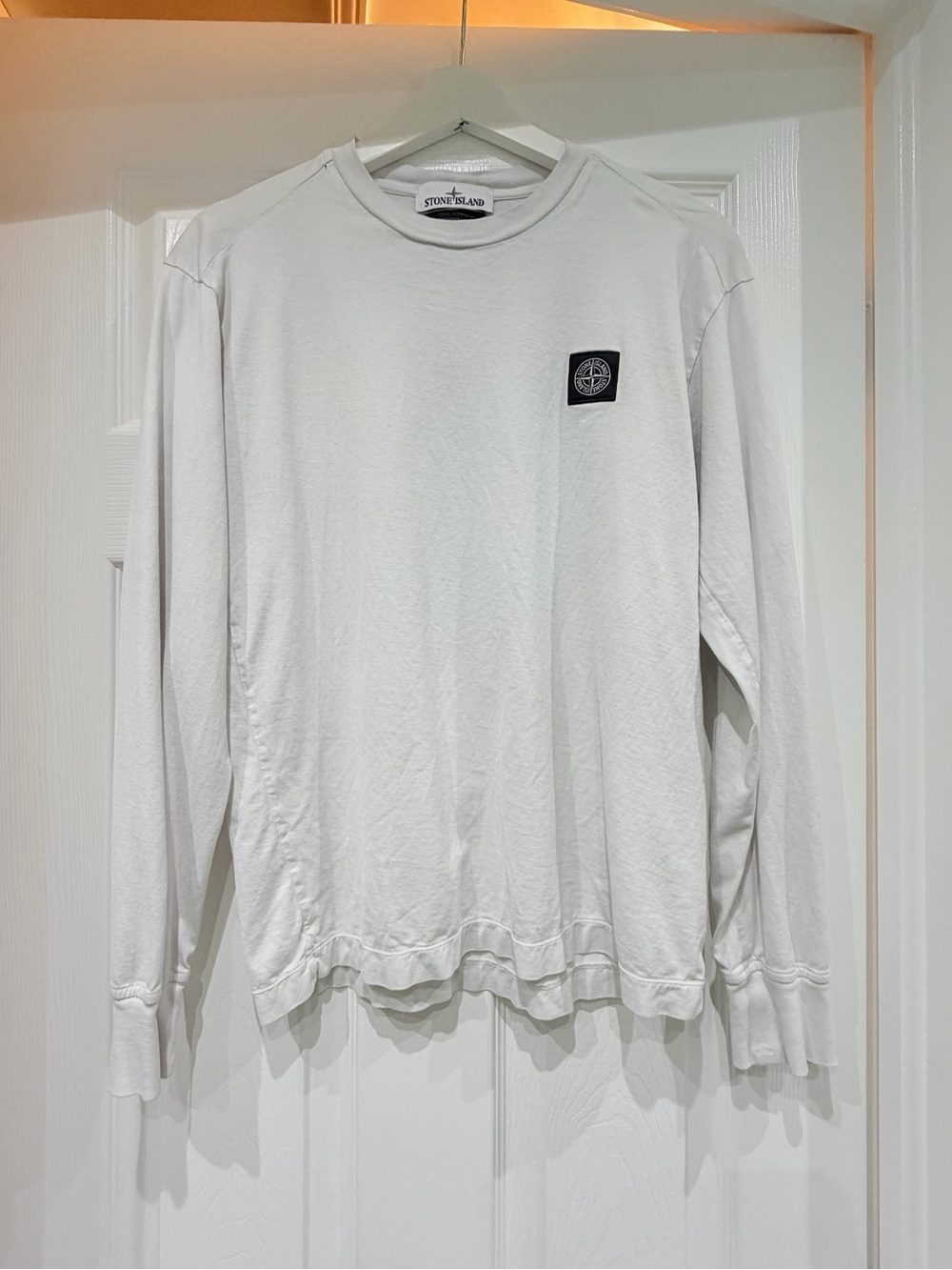 Stone Island White Long Sleeve Crew Neck Tee with Compass Patch